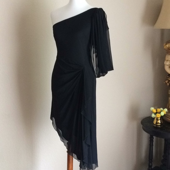 Tadashi One Shoulder Dress Black Ruched Chiffon Sheath Dress - Picture 1 of 8
